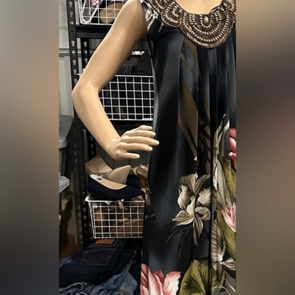 Dress Barn Black and Pink Floral Midi Dress with beaded scoop neck line